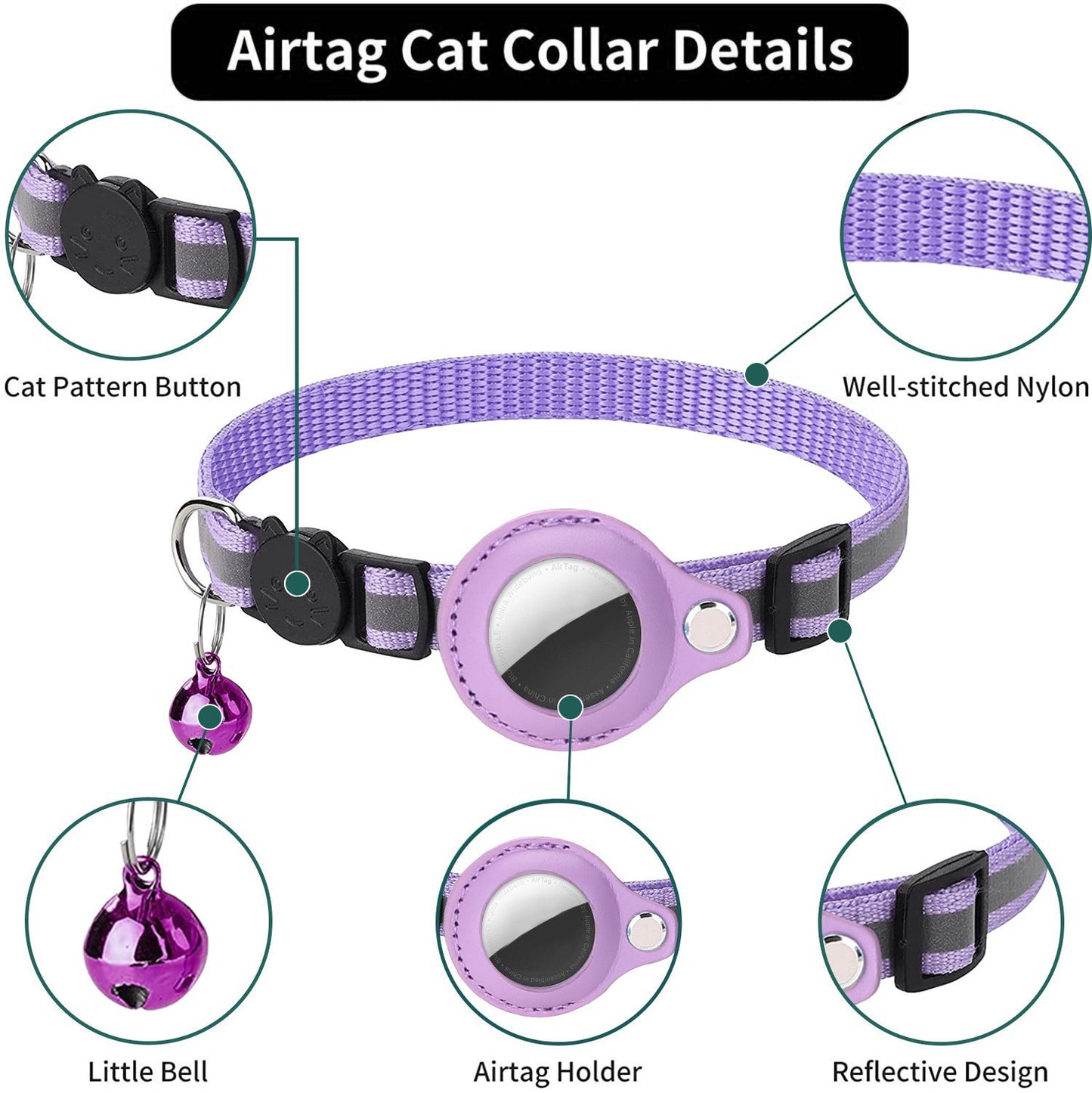 Cat Collar for Apple AirTag with Reflective Pattern & Bell