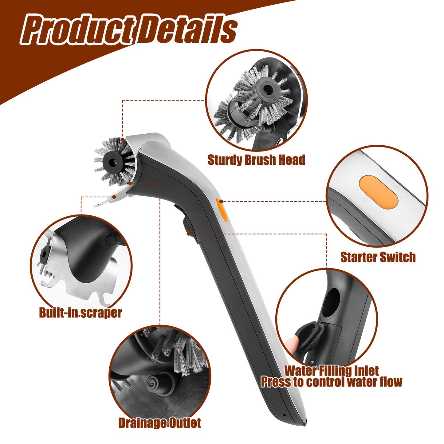 Electric Steam Brush for BBQ with Stainless Steel Wire