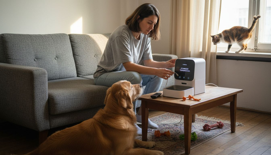 Ένας ιδιοκτήτης κατοικίδιου τοποθετεί τον έξυπνο ταΐστη στο σαλόνι του σπιτιού του.
