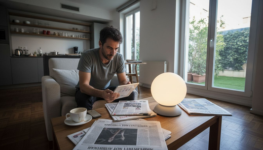 Ένας άντρας χαλαρώνει στο σπίτι του, απολαμβάνοντας το tablet του, ανάμεσα σε σύγχρονες ηλεκτρονικές συσκευές.