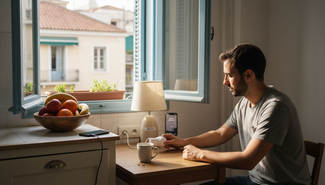 Ένας νεαρός κάθεται στο τραπέζι της κουζίνας και ρυθμίζει το έξυπνο γκάτζετ του.