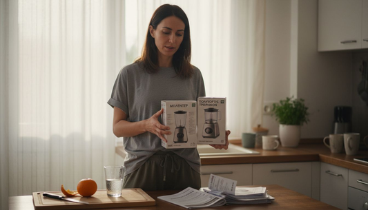 Μια γυναίκα επιλέγει μοντέρνα εργαλεία κουζίνας μέσα σε μια φωτεινή, ζεστή κουζίνα.