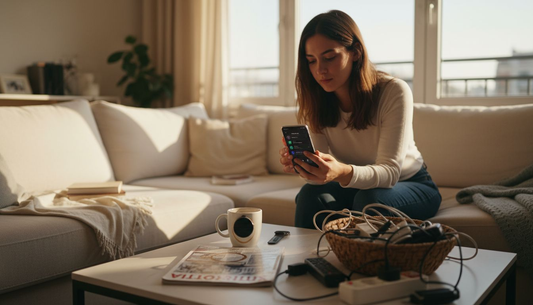 Μια γυναίκα απολαμβάνει τη χρήση έξυπνων συσκευών στο καθιστικό της.