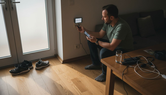 Ένας άνδρας χειρίζεται το έξυπνο σύστημα του σαλονιού του, ρυθμίζοντας τις λειτουργίες όπως του ταιριάζει.