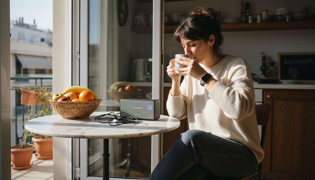 Μια γυναίκα ελέγχει το smartwatch της ενώ βρίσκεται στην κουζίνα, πιθανότατα οργανώνοντας τις καθημερινές της δουλειές ή παρακολουθώντας συνταγές.