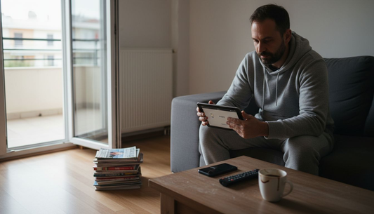 Ένας άντρας ρυθμίζει την έξυπνη λάμπα του μέσω tablet.