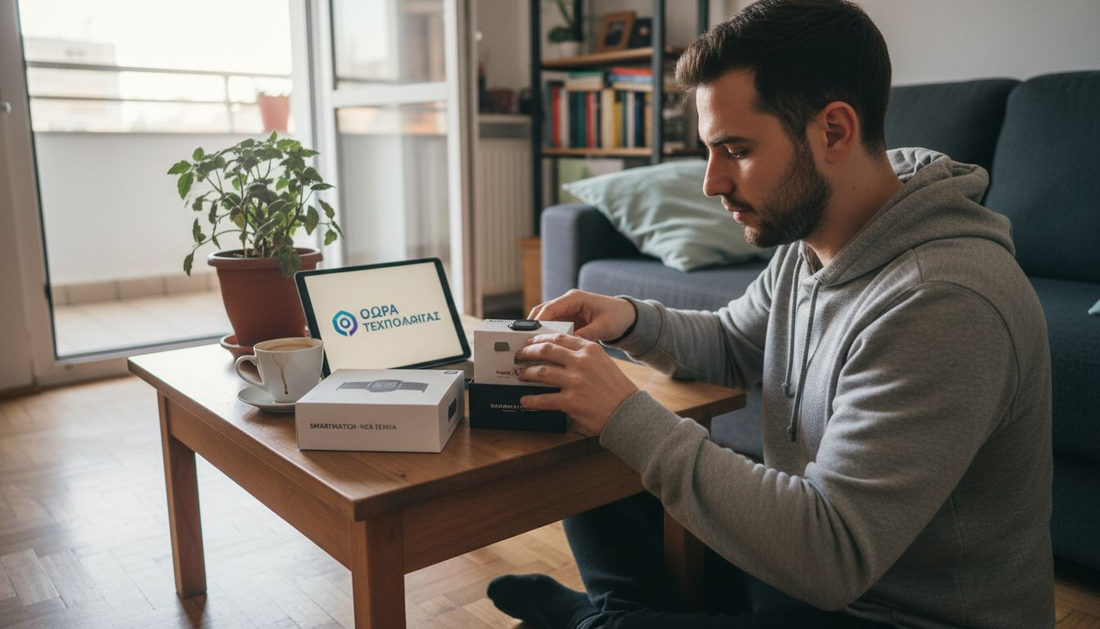 Ένας άνδρας δοκιμάζει τη νέα του συσκευή στο σαλόνι του.