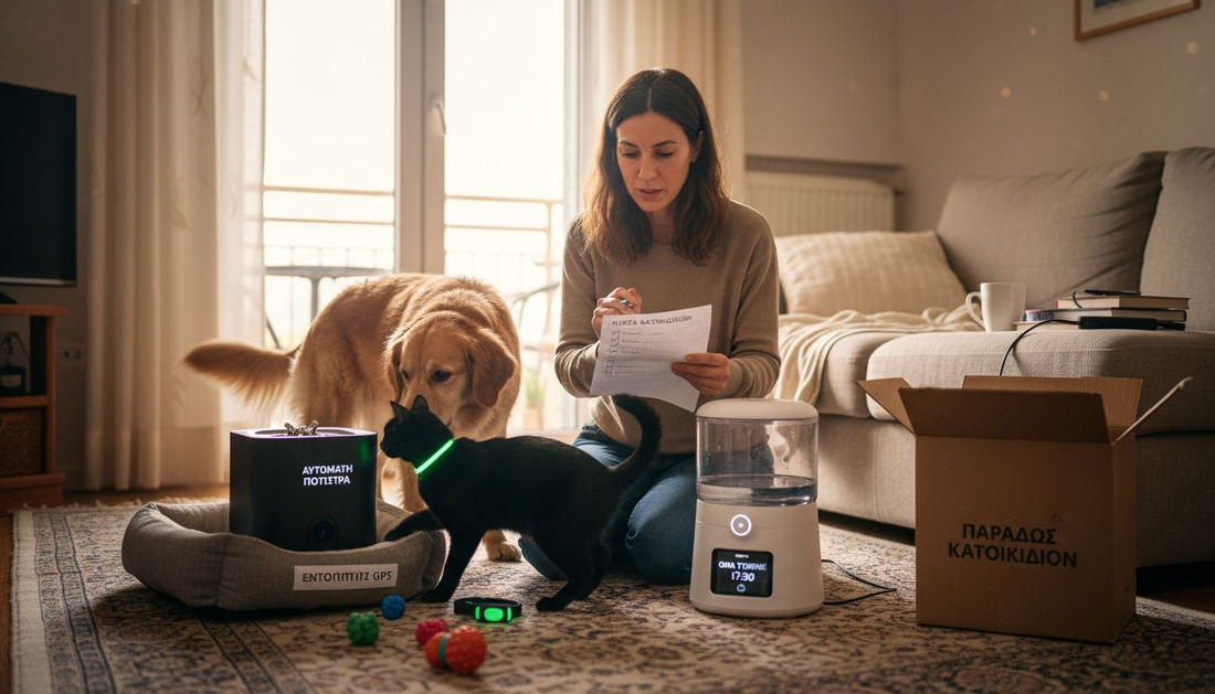 Κάτοχος κατοικίδιου απλωμένος στο σαλόνι, με διάφορα γκάτζετ γύρω του και μια λίστα με πράγματα που πρέπει να κάνει.