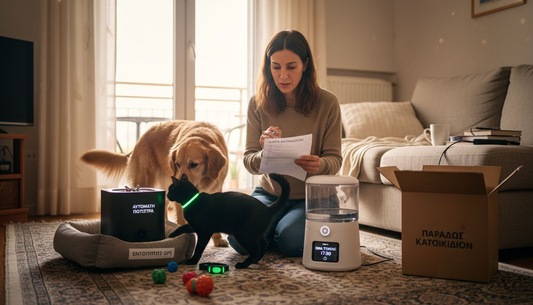 Κάτοχος κατοικίδιου απλωμένος στο σαλόνι, με διάφορα γκάτζετ γύρω του και μια λίστα με πράγματα που πρέπει να κάνει.