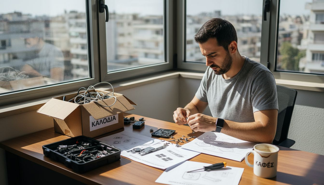Ένας άνδρας οργανώνει τον χώρο του για να στήσει το καινούργιο του γκάτζετ.