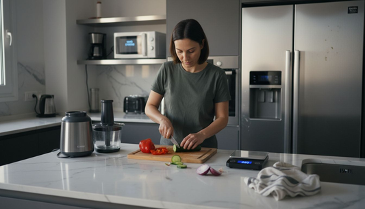 Μια γυναίκα ετοιμάζει το μεσημεριανό της χρησιμοποιώντας έξυπνες συσκευές κουζίνας, κάνοντας τη διαδικασία του μαγειρέματος πιο εύκολη και απολαυστική.