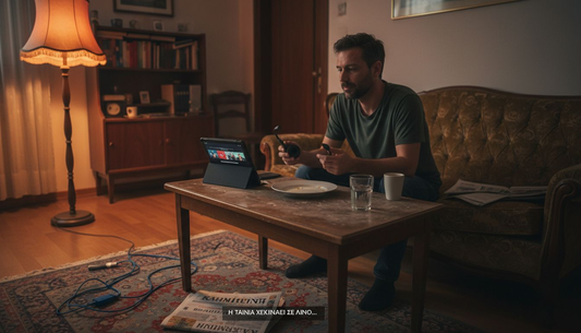 Άνδρας απολαμβάνει τη χαλάρωσή του στο σαλόνι, χρησιμοποιώντας ασύρματες συσκευές τελευταίας τεχνολογίας.