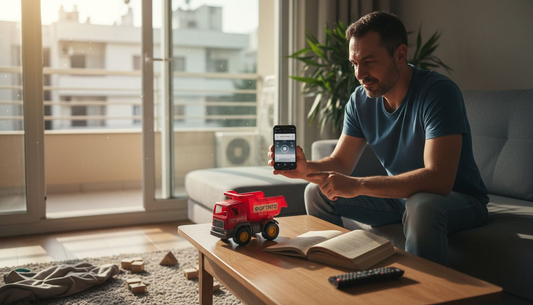 Ένας άντρας ρυθμίζει το έξυπνο θερμοστάτη στο σαλόνι του.