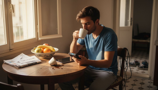 Ένας άντρας κάθεται στην κουζίνα και δοκιμάζει το νέο, πολυσυζητημένο gadget που έχει γίνει viral.
