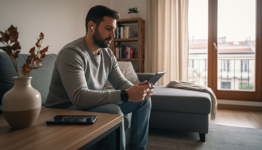 Ένας άνδρας χαλαρώνει στο σαλόνι του, περιτριγυρισμένος από πρωτοποριακές συσκευές και έξυπνα τεχνολογικά gadgets.