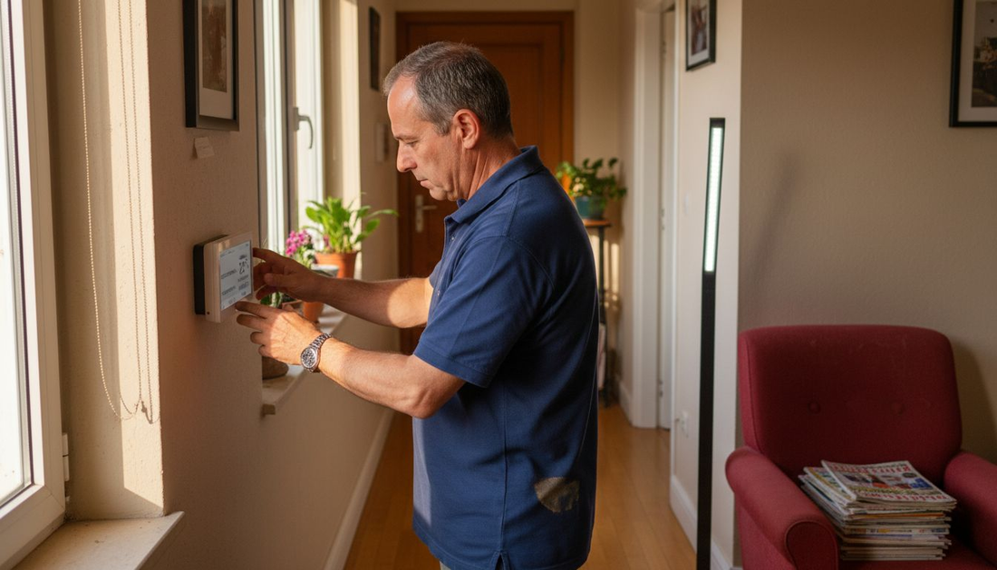 Ένας άνδρας ρυθμίζει το έξυπνο θερμοστάτη στον διάδρομο του σπιτιού του.