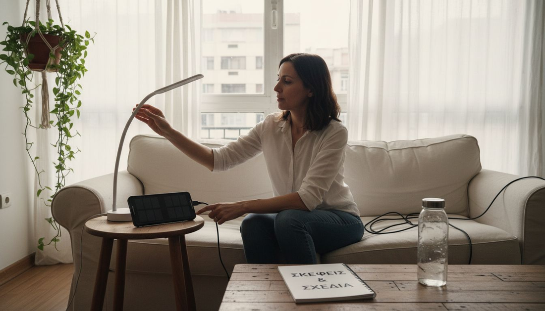 Μια γυναίκα που ζει στο σπίτι της και επιλέγει να χρησιμοποιεί οικολογικές συσκευές για να προστατεύει το περιβάλλον στην καθημερινότητά της.