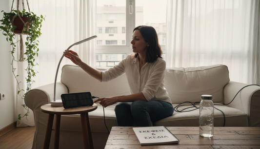 Μια γυναίκα που ζει στο σπίτι της και επιλέγει να χρησιμοποιεί οικολογικές συσκευές για να προστατεύει το περιβάλλον στην καθημερινότητά της.