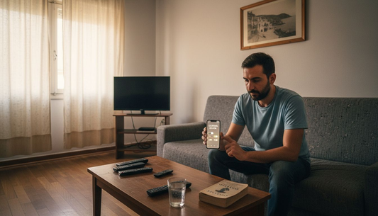 Ένας άνθρωπος διαχειρίζεται τις έξυπνες συσκευές του σπιτιού του εύκολα από το κινητό του.