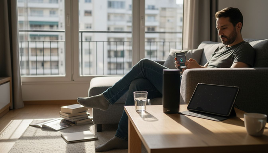 Ένας άνδρας ρυθμίζει το έξυπνο σύστημα του σπιτιού του