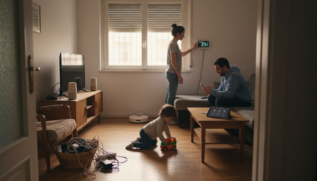 Μια οικογένεια απολαμβάνει τη ζεστασιά του σαλονιού της, αξιοποιώντας έξυπνες συσκευές που κάνουν την καθημερινότητά τους πιο εύκολη και άνετη.