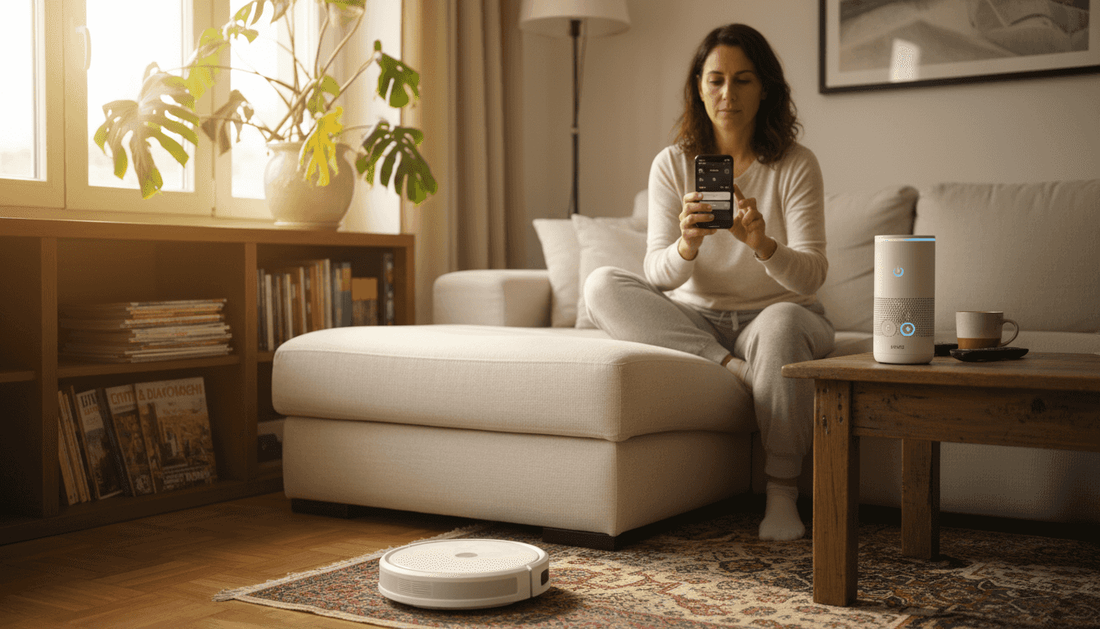 Μια γυναίκα αξιοποιεί έξυπνες συσκευές για να οργανώσει καλύτερα το σπίτι της.