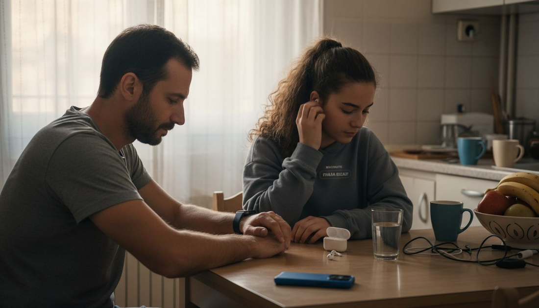 Ένας άνδρας και ένα κορίτσι ασχολούνται με τα ηλεκτρονικά τους στο τραπέζι της κουζίνας.