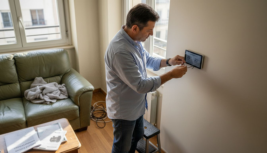 Ένας άνδρας τοποθετεί έξυπνο θερμοστάτη στο διαμέρισμά του.