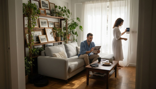 Ένα ελληνικό ζευγάρι χαλαρώνει στο σπίτι του, απολαμβάνοντας την άνεση της τεχνολογίας με έξυπνες συσκευές.