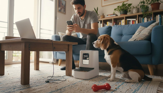 Ένας άνδρας ρυθμίζει την έξυπνη ταΐστρα του σκύλου του, ενώ ο τετράποδος φίλος του τον παρακολουθεί με περιέργεια.