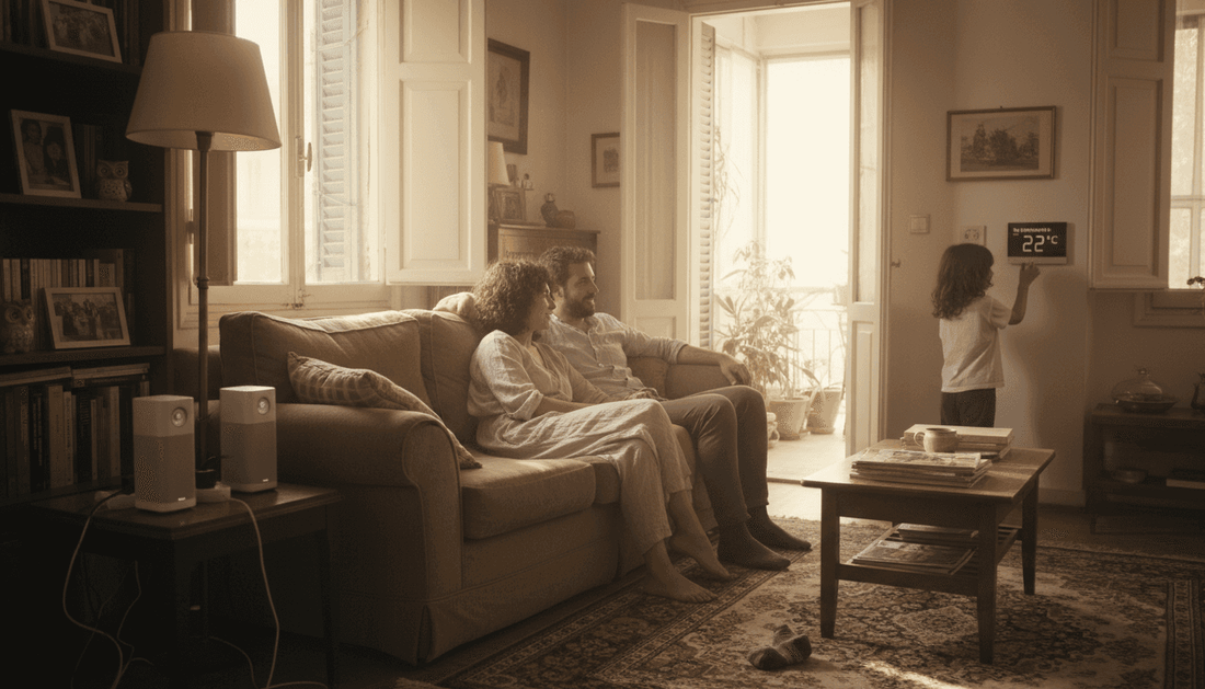 Μια οικογένεια χαλαρώνει στο σαλόνι, αξιοποιώντας έξυπνες συσκευές που κάνουν την καθημερινότητά τους πιο εύκολη και άνετη.