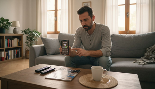 Ένας άνδρας κάθεται στο σπίτι του και χρησιμοποιεί το smartphone του.