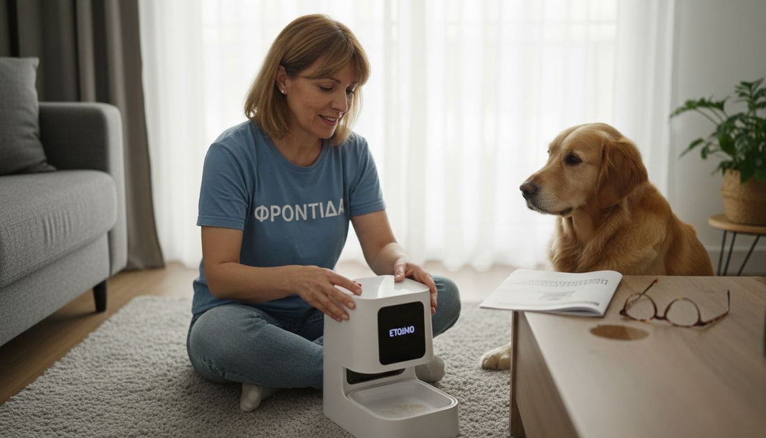 Μια γυναίκα συναρμολογεί ένα έξυπνο γκάτζετ, ενώ ο σκύλος της παρακολουθεί με περιέργεια και συμμετέχει στη διαδικασία.