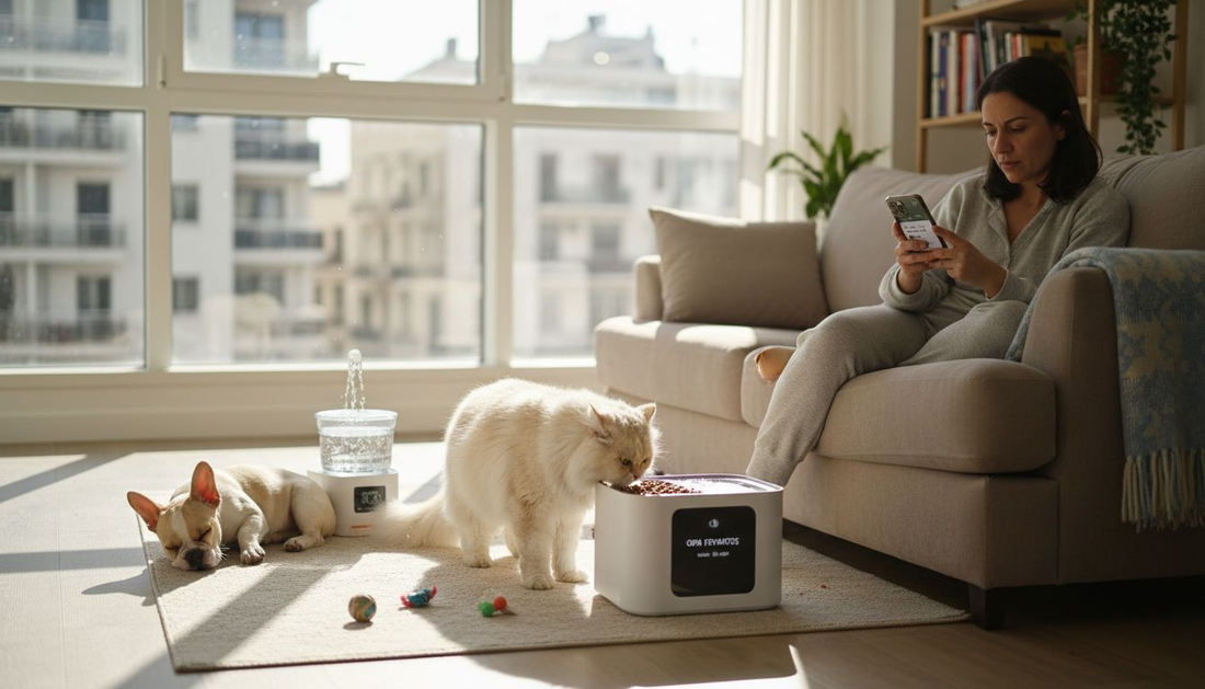 Μια γυναίκα δοκιμάζει έξυπνα αξεσουάρ για κατοικίδια μαζί με τη γάτα και τον σκύλο της, απολαμβάνοντας τη διαδικασία και βλέποντας πώς αντιδρούν τα αγαπημένα της ζωάκια στις νέες τεχνολογίες.