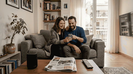 Ένα ζευγάρι χαλαρώνει στο σαλόνι του, αξιοποιώντας έξυπνες συσκευές για να κάνει τη ζωή του πιο εύκολη και άνετη.