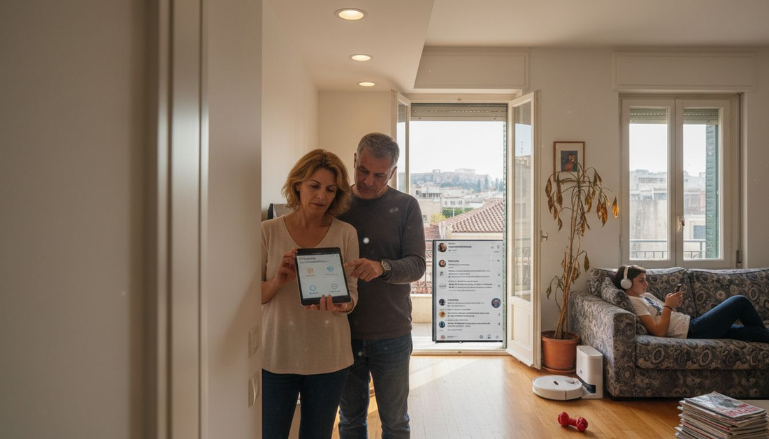 Μια οικογένεια απολαμβάνει τη σύγχρονη καθημερινότητά της στο σαλόνι του έξυπνου σπιτιού, χρησιμοποιώντας ένα tablet για να διευκολύνει τις ανάγκες της.