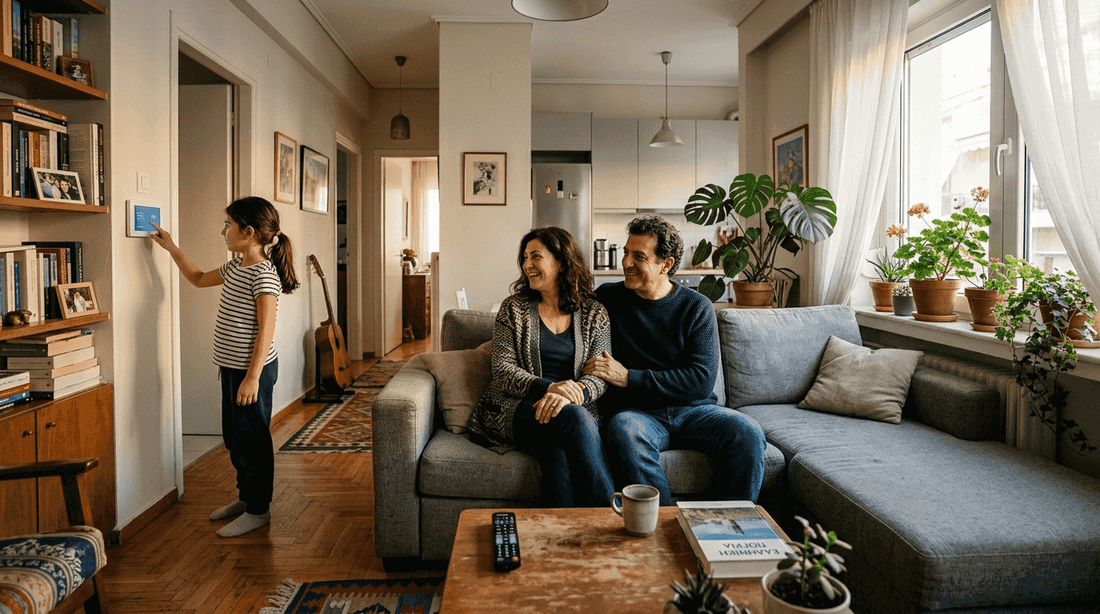Μια ελληνική οικογένεια που αξιοποιεί τις έξυπνες λειτουργίες του σπιτιού της για να διευκολύνει την καθημερινότητά της. Με ένα άγγιγμα στο κινητό ελέγχουν τα φώτα, τη θέρμανση και τις συσκευές, απολαμβάνοντας άνεση και ασφάλεια στον χώρο τους.