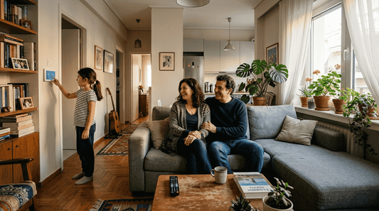 Μια ελληνική οικογένεια που αξιοποιεί τις έξυπνες λειτουργίες του σπιτιού της για να διευκολύνει την καθημερινότητά της. Με ένα άγγιγμα στο κινητό ελέγχουν τα φώτα, τη θέρμανση και τις συσκευές, απολαμβάνοντας άνεση και ασφάλεια στον χώρο τους.