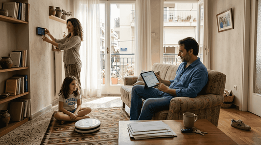 Μια οικογένεια απολαμβάνει τη χαλάρωση στο σαλόνι, αξιοποιώντας τις έξυπνες συσκευές του σπιτιού για μεγαλύτερη άνεση και ευκολία.