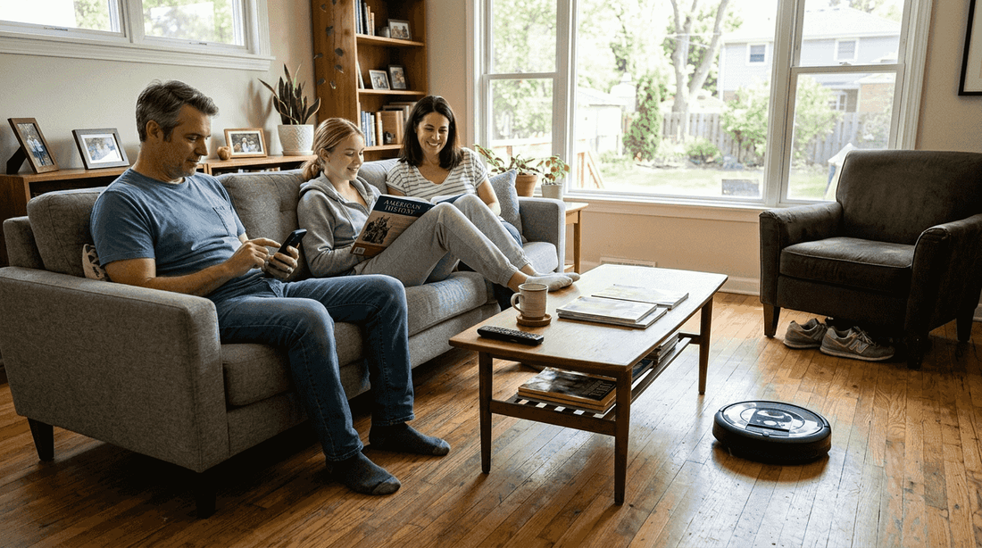 Family observing robot cleaner in sunny living room