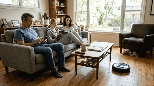 Family observing robot cleaner in sunny living room