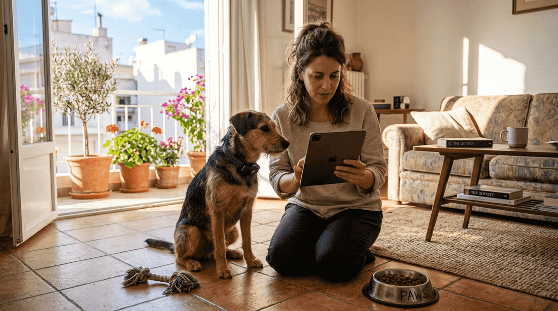 Woman using pet gadgets in Greek home
