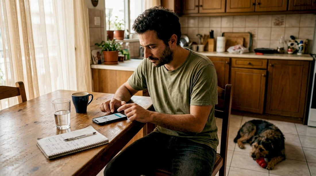 Greek pet owner checks tracker app at home