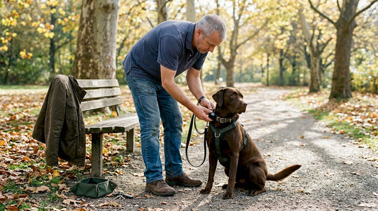 Man attaching GPS tracker to dog collar