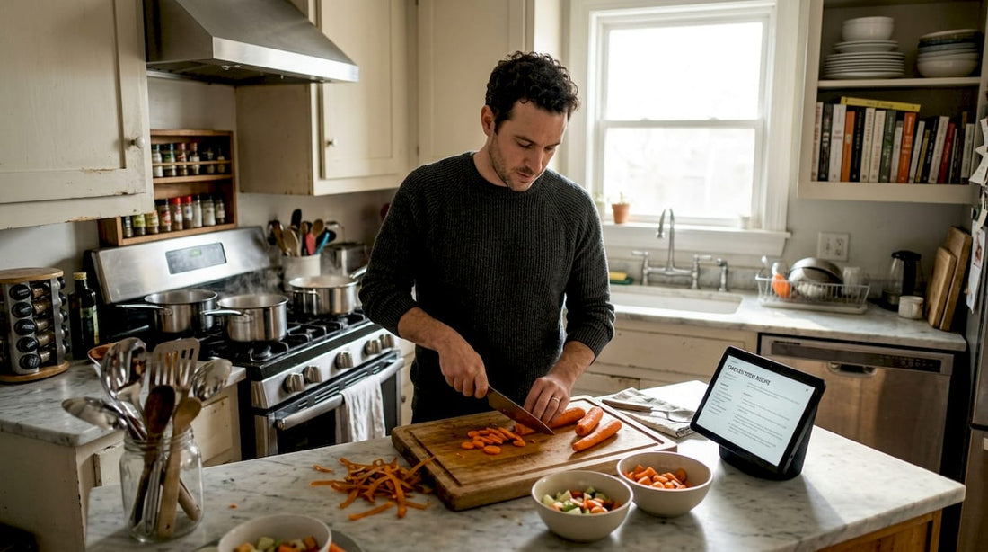 Person prepping vegetables in organized home kitchen