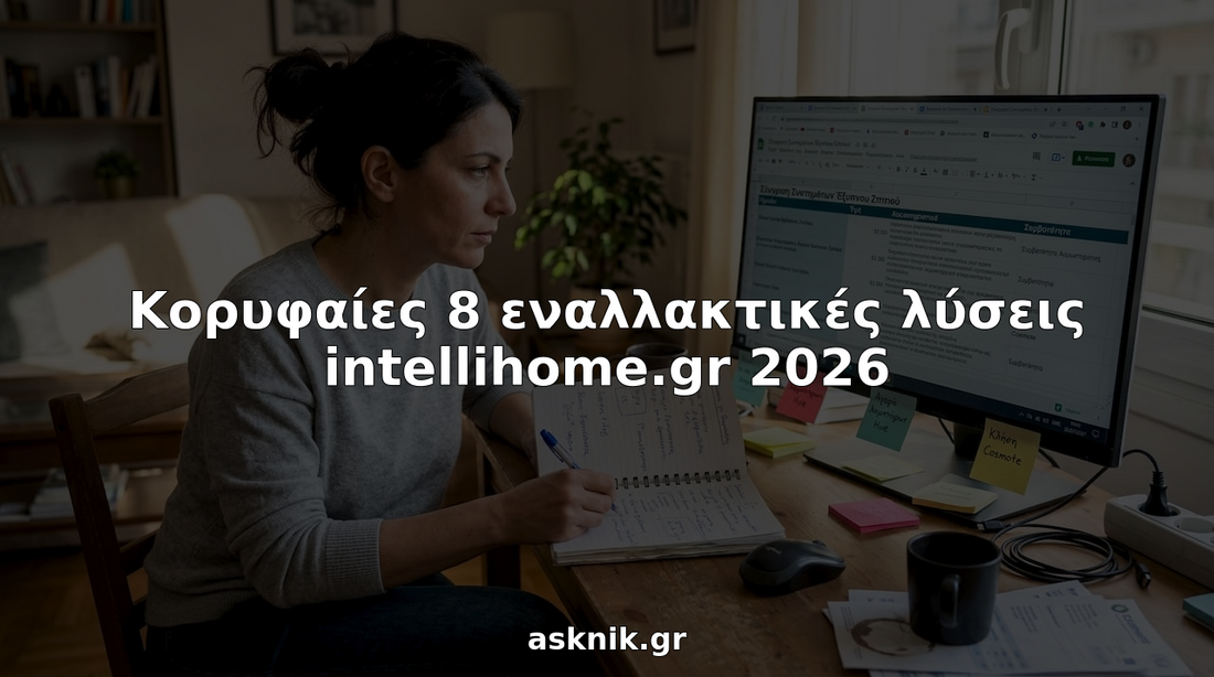 Μια γυναίκα κάθεται στο γραφείο της και εξετάζει διάφορες λύσεις για το έξυπνο σπίτι, ψάχνοντας τι ταιριάζει καλύτερα στις ανάγκες της.