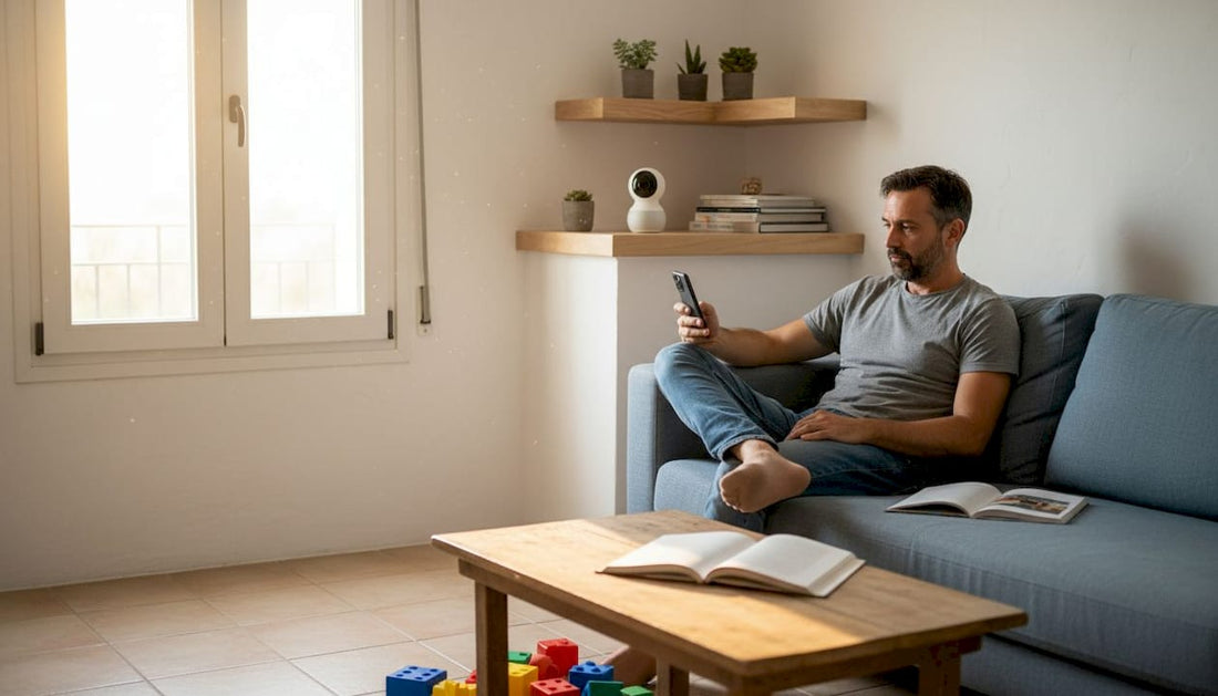 Man in living room with smart camera on shelf