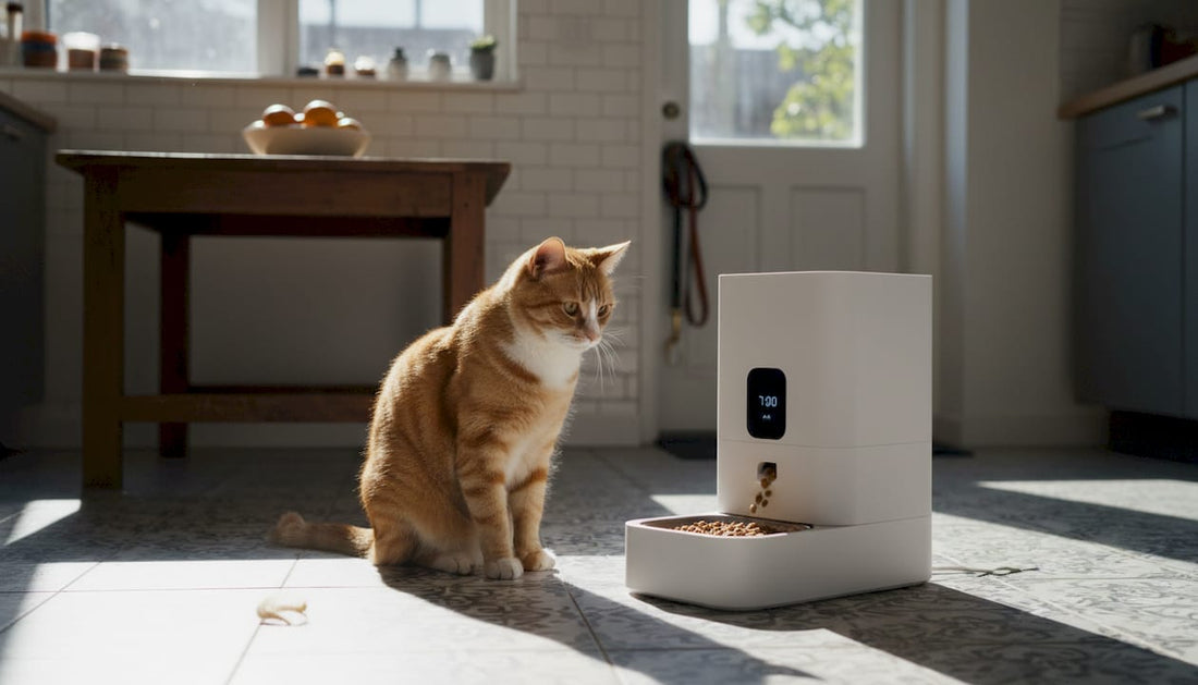 Cat waiting by smart pet feeder in kitchen