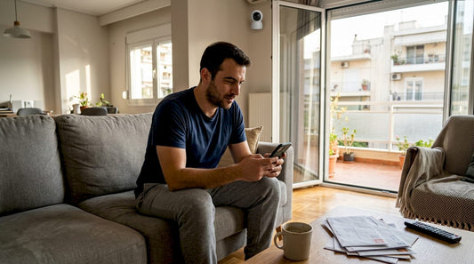 Ένας άνδρας κάθεται στο σαλόνι του και ελέγχει μέσω του κινητού τις ρυθμίσεις ασφαλείας του σπιτιού.