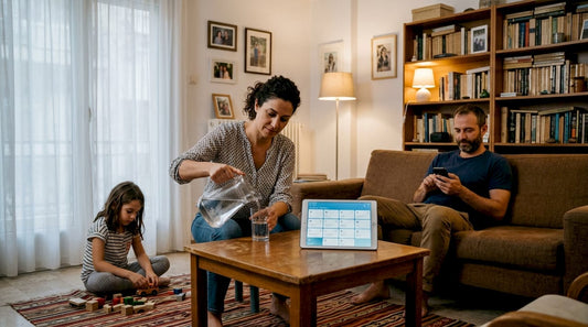 Greek family using smart devices in living room